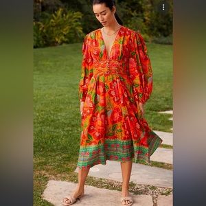 FARM RIO Floral Linen Midi Dress Puff Sleeves V Neck L